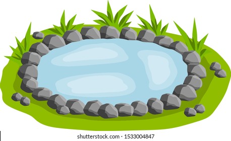 Pond and lake. Stone ring around the circle. Green grass and blue water. Element of nature and forests. Summer landscape. Cartoon flat illustration