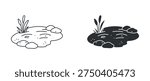 Pond landscape icon set, small lake with stones and plants nature water symbol, outline and solid silhouette style. Vector illustration.
