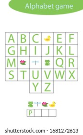 Pond life alphabet game for children, make a word, preschool worksheet activity for kids, educational spelling scramble game for the development of children, vector illustration