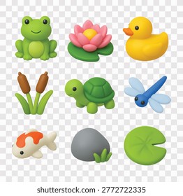 Pond Life and River Animals Vector Icon Set | 3D icon set | frog, lotus, duck, cattail plants, turtle, dragonfly, koi fish, stone with grass, lily pad