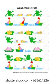 Pond life themed educational logic game training sequential pattern recognition skills: What comes next in the sequence? Answer included.

