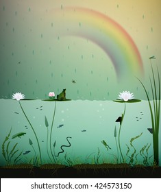 Pond Life, Under The Water, Summer Rain With Rainbow On The Pond, Pond Life In Summer