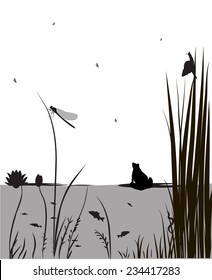 pond life, under the water,dragonfly, river's animal, shadows, black and white, vector,
