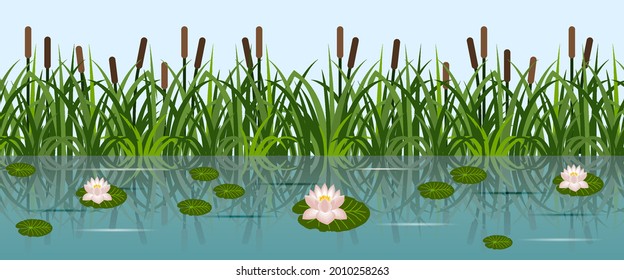 Pond with lotus water lilies and grass reeds. Lake water, leaves and lotus flowers, river reeds. Seamless background, flat cartoon style, vector illustration