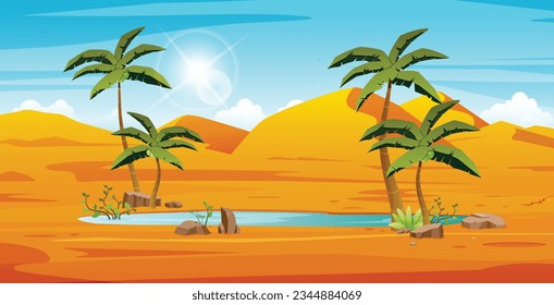 A pond in the middle of the desert with palm trees and sunlight.