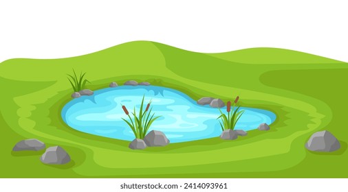 Pond on green lawn with reeds. Colorful blue lake surrounded by grass and stones with cartoon landscape vector design