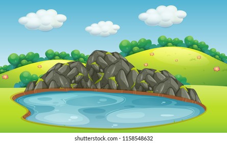 Pond in a park with rock background