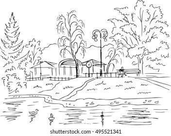 Pond in the park. Vector landscape.