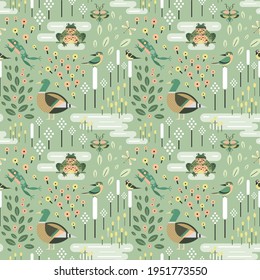 Pond pattern with animals, insects and plant life. Wildlife environment with toad, frog, birds, flowers, grasses and insects in seamless background for wallpapers, prints and fabric design.