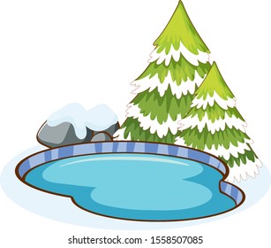 Pond and pine trees on white backgrond illustration