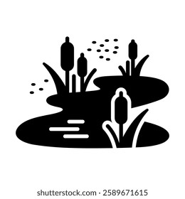 Pond with reed and mosquitoes, swamp vector solid icon. Nature sign. Graph symbol for travel and tourism web site and apps design, logo, app, UI