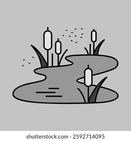 Pond with reed and mosquitoes, swamp vector grayscale icon. Nature sign. Graph symbol for travel and tourism web site and apps design, logo, app, UI