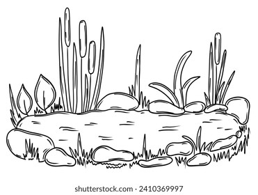 Pond with reed plant and stones in hand drawn sketch style