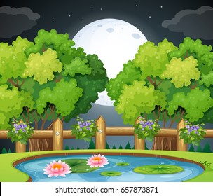 Pond scene at night time illustration