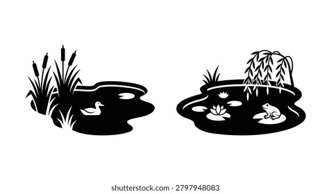 Pond scenes with cattails duck frog and willow trees in black silhouette water feature wetland