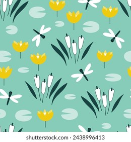 Pond seamless pattern with reeds, water lilies and dragonflies on a green background. Floral print with aquatic plants. Perfect for wallpaper, wrapping paper, fabric or textile.