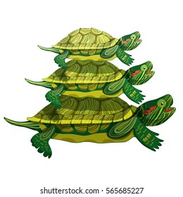 Pond Slider Microcosm Of The World Three Turtle Green A Smiling. Vector Illustration