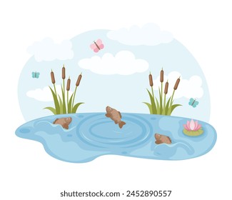 Estanque. Ilustración infantil de verano que representa un estanque y peces jugando alegremente, sobre un fondo de mariposas, cañas y nubes blancas. Ilustración infantil de dibujos animados. Vector