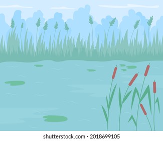 Pond surrounded by reed grass flat color vector illustration. Floating water lilies. Place for relaxing vacation. Lake with aquatic herbs 2D cartoon water body with green scenery on background