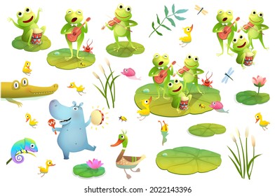 Pond or swamp frogs festival clipart collection, many lake animals isolated on white. Frogs playing music, duck with chicks and dancing hippo play tambourine. Funny vector cartoon set for kids.