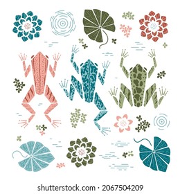 Pond. Swamp Frogs and Plants Vector Set. Marsh Frog with Water Lily Flowers and Leaves. Cartoon Geometric Style