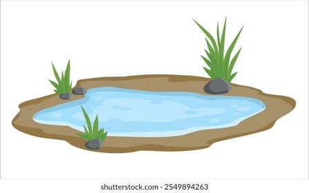 Pond and swamp, lake. Background for illustration. Flat cartoon. Landscape with grass, stones. Platform and ground. Element of nature and forests and water
