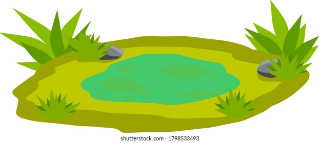 Pond and swamp, lake. Flat cartoon. Background for illustration. Landscape with grass, stones and bush. Element of nature and forest and water. Platform and ground