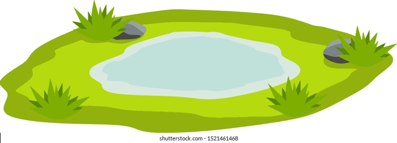 Pond and swamp, lake. Landscape with grass, stones. Platform and ground. Background for illustration. Flat cartoon. Element of nature and forests and water