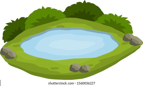 Pond and swamp, lake. Landscape with grass, stones and bush. Platform and ground. Flat cartoon. Element of nature and forests and water. Background for illustration