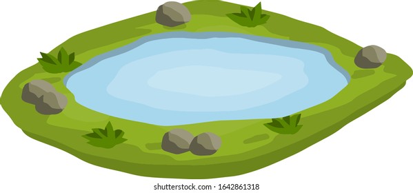 Pond and swamp, lake. Landscape with grass, stones. Background for illustration. Flat cartoon. Element of nature and forests and water. Platform and ground