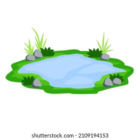 Pond and swamp, lake. Landscape with grass, stones. Platform and ground. Element of nature and forests and water. Background for illustration. Flat cartoon