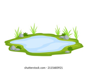 Pond and swamp, lake. Landscape with grass, stones. Platform and ground. Element of nature and forests and water. Background for illustration. Flat cartoon