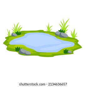 Pond and swamp, lake. Landscape with grass, stones. Platform and ground. Element of nature and forests and water. Background for illustration. Flat cartoon