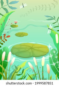 Pond, swamp or lake scenery empty background with waterlily and lily plants grass and reeds. Colorful swamp illustration in green tones, empty vertical nature vector background in watercolor style.