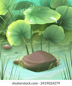 Pond or swamp rainy landscape environment. Lilly pods grass plants and stones in water with sunbeam. Rainy scenery, fairytale lake wallpaper. Swamp nature landscape background vector illustration.