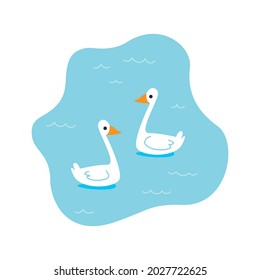 Pond with two swans in cartoon flat style. Children s hand drawing of white birds floating in the lake. Vector illustration of natural object isolate on white background.