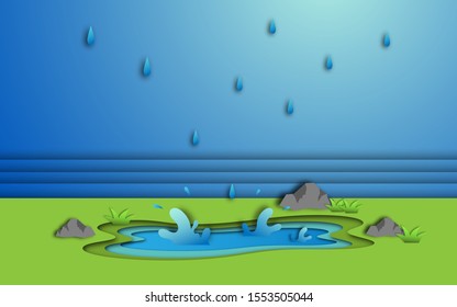 pond vector illustration with rain drops and stone decoration in paper cut art style design. can use for wallpaper, book cover, ecology and environment illustration. vector illustration