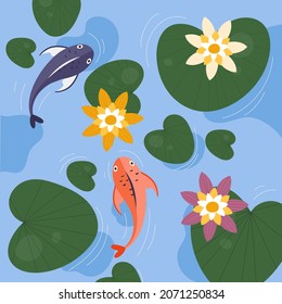 Pond with water lilies and fish, top view. Vector illustration. 