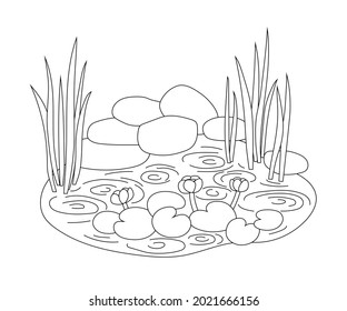 Pond with water lilies and reeds in a simple graphic outline style. Isolated vector linear hand-drawn illustration of small reservoir with aquatic plants, stones and rain circles on the water