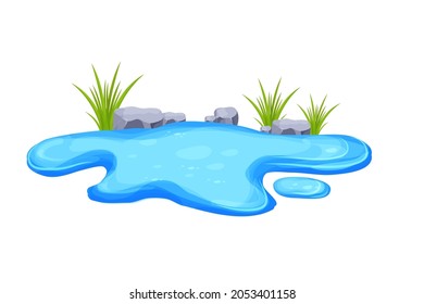 Pond, water puddle with grass and stones in cartoon style isolated on white background. Small lake,outdoor nature decoration, oasis.