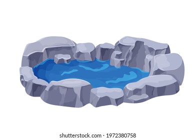Pond with water and stones, natural or garden decoration in cartoon style isolated on white background. Ui game asset, Park pool, lake.