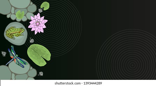 Pond whith frog, dragonfly, pebbles, stones, bubbles and lotus leaves background. Concept vector poster design. Hand drawn vector illustration.