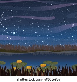 Pond with yellow water lilies. The night sky with a full round moon, stars, meteorites and clouds. Vector landscape can be used in newsletter, brochures, postcards, banner.