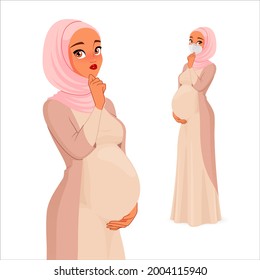 Pondered pregnant Muslim woman with hand on her chin. Full length under clipping mask. Cartoon vector character isolated on white background.