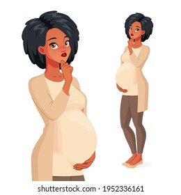 Pondered young black African pregnant woman with hand on her chin. Cartoon vector character isolated on white background.