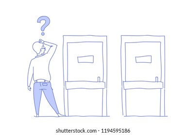 pondering businessman question marks right way two doors choice concept business man rear view problem solution new opportunities sketch doodle vector illustration