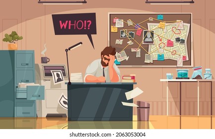 Pondering detective at desk cartoon composition of investigator office interior with crime scene diagram board vector illustration