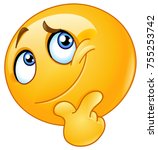 Pondering Emoticon with a single finger and thumb resting on the chin, thinking, wondering.