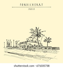 Pondicherry (Puducherry), India. Quay, beach promenade, palm trees, old French cafe, Gandhi statue on the background. Travel sketch. Hand drawn vintage travel postcard, poster or book illustration