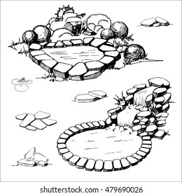 Ponds, waterfalls and rocks. Contour image for landscaping.